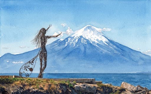 Acuarela de la Región de Los Lagos: volcán nevado sobre el lago y escultura en la costanera